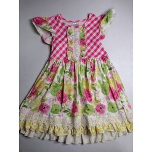 Girls‎ Pink Gingham Floral Dress Ruffle Trim Sleeveless Party Cute